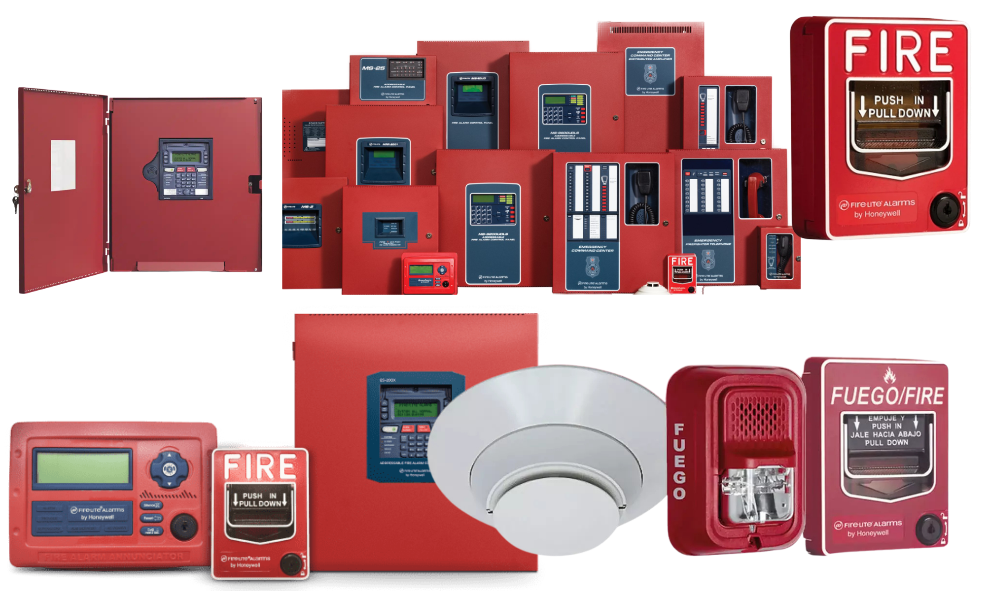 Componentes de un sistema de detección de incendios: panel de control, detector de humo, estación manual y sirena estroboscópica