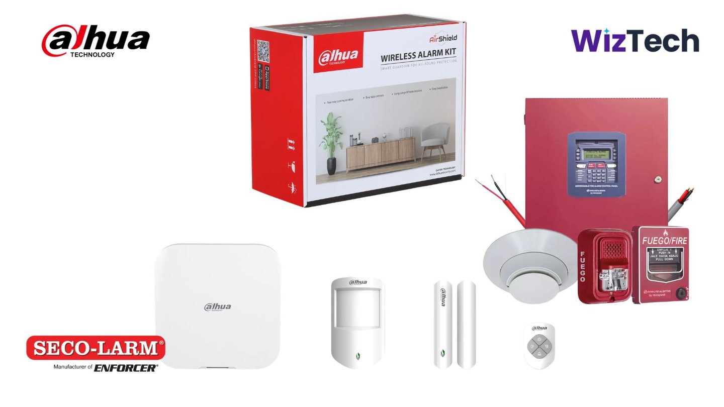 Componentes de un sistema de alarma: panel central, sensores de apertura, sensor de movimiento y sirena